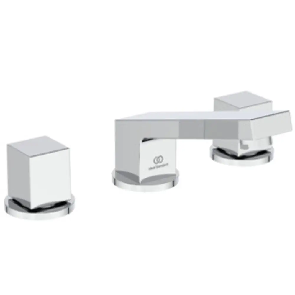3-Loch-Waschtischarmatur in chromfarbigem Design, bestehend aus einer mittigen Armatur und zwei seitlichen Kontrollhebeln. Produkt von Ideal Standard.